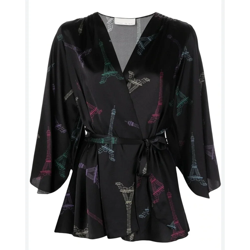 Fleur du Mal Black Silk Eiffel Tower‎ Print Wrap Robe Kimono S/M Paris Graphic